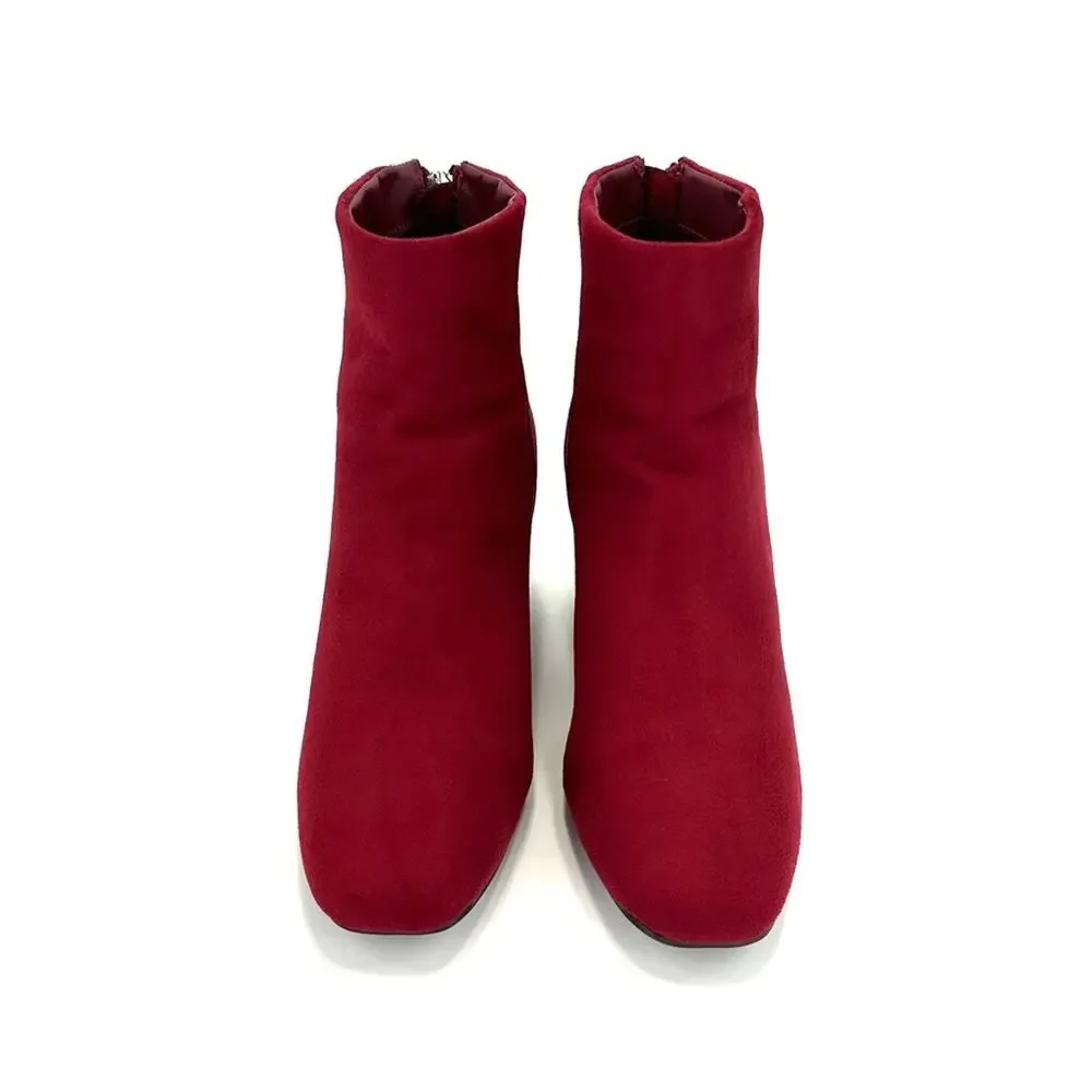 Journee Collection Red Block Heel Ankle Boot Size 7.5 Faux Suede Round Toe New